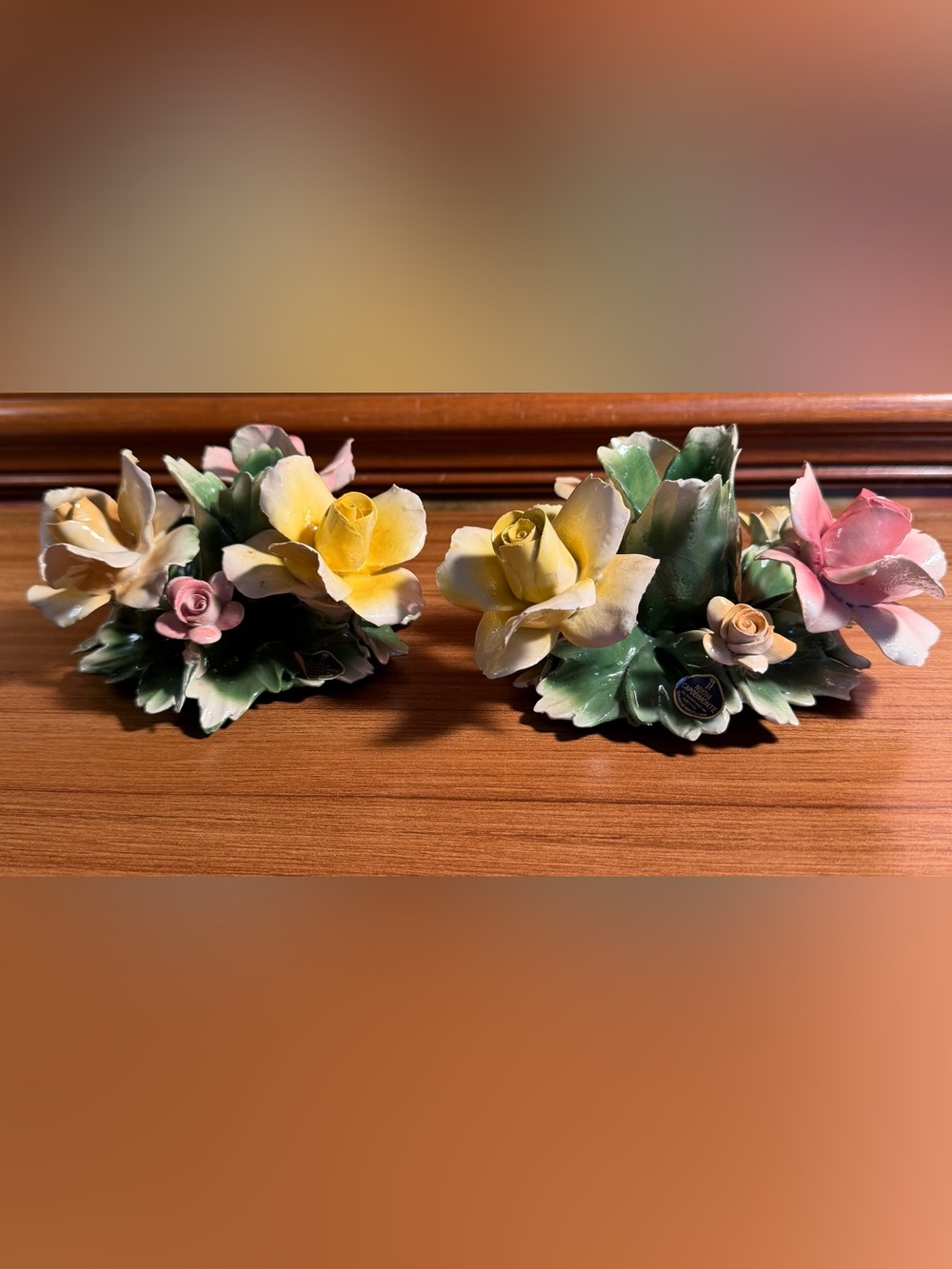 Vintage Capodimonte Italian Porcelain Rose Candle Holders Pair Votive Cup